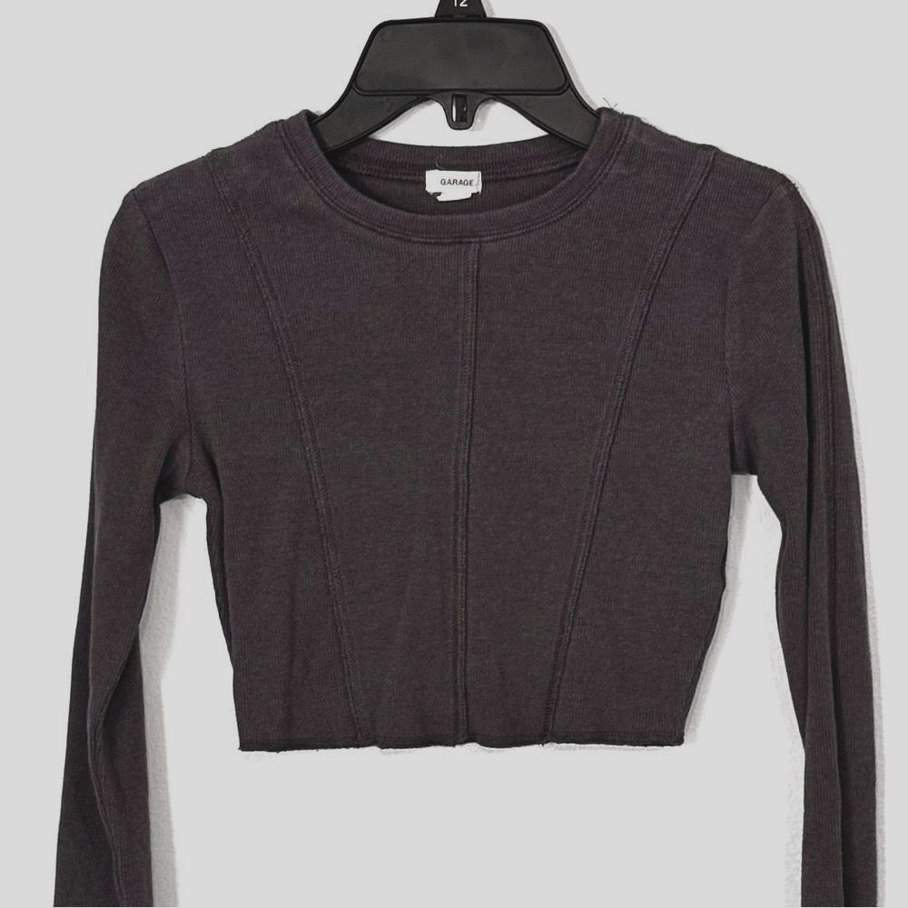 Garage Women's Dark Purple Grey Gray Long Sleeve Ribbed Crop Top Size XS Cotton